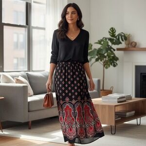 Vintage Alex Colman Skirt Womens M Black Red‎ Boho Paisley Maxi 70s cottagecore